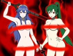  blood blue_hair bottomless breasts censored corruption crown earrings female_only femsub fire_emblem fire_emblem_awakening fire_emblem_the_blazing_blade green_hair hand_on_hip happy_trance headband jewelry large_breasts long_hair lucina lyndis navel nintendo nude ponytail princess red_eyes sendy1992 smile standing sword tongue tongue_out topless 