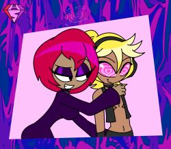  aged_up ahoge blonde_hair choker crossover dark_skin eyebrows_visible_through_hair eyeshadow femdom goth happy_trance headphones heart_eyes hypnoscream large_breasts len_kagamine luna_(scooby-doo) malesub navel open_clothes red_hair scars scooby-doo_(series) shiny_hair simple_background smile smug standing vest vocaloid 