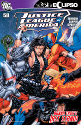 andrew_dalhouse batman belt bracers breasts brett_booth cape cleavage comic corruption cover cyborg_(dc) dc_comics donna_troy eclipso enemy_conversion face_paint jade_(dc_comics) jesse_quick justice_league_(series) norm_rapmund official red_tornado_(dc) restrained robot super_hero text torn_clothes western wonder_girl