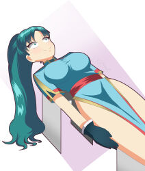  absurdres bare_legs breasts catalepsy clothed empty_eyes faceless female_only fire_emblem gloves green_eyes green_hair happy_trance kronobas28 long_hair lying lyndis nintendo on_back pink_background ponytail shrunken_irises simple_background smile 