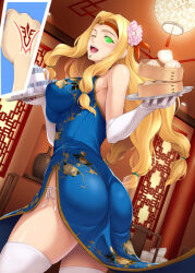  ass blonde_hair breasts china_dress dazed fate/grand_order fate_(series) female_only femsub gloves glowing glowing_eyes happy_trance ishigaki_takashi large_ass large_breasts long_hair looking_at_viewer manip misterman4_(manipper) open_mouth opera_gloves quetzalcoatl_(fate) smile spiral_eyes symbol symbol_in_eyes tagme thighhighs tray twintails waitress wink 