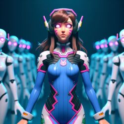  ai_art breasts brown_hair d.va drone expressionless face_paint female_only femsub glowing_eyes headphones long_hair overwatch robot standing standing_at_attention 