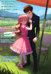 ai_art aware ben_10 ben_tennyson blonde_hair blue_eyes body_control brown_hair clothed crossdressing dialogue dress embarrassed english_text femdom male_only malesub multiple_boys novel_chef_(generator) pink_eyes resisting tears text