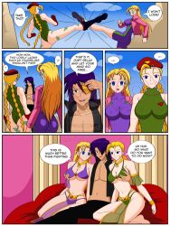 blonde_hair braid breasts cammy_white capcom cleavage comic dancer empty_eyes expressionless femsub groping happy_trance hat hypnotic_eyes jimryu kenichi_the_mightiest_disciple large_breasts leotard long_hair maledom miu_furinji open_mouth original purple_hair sitting street_fighter text