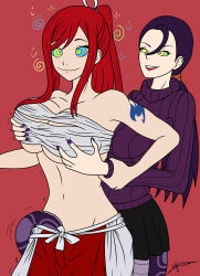 breast_grab breasts crotch_rub erza_scarlet evil_smile fairy_tail femdom femsub groping happy_trance hypnotic_eyes kaa_eyes large_breasts lipstick long_hair naga_girl nail_polish original pandroso ponytail purple_hair red_hair signature simple_background smile yuri_(dawsoetheritz)