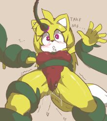  blonde_hair blush bondage clothed drool erect_nipples_under_clothes expressionless furry glowing_eyes heart hypnotic_tentacle leotard long_hair nipples open_mouth pink_eyes pstash pussy_juice restrained simple_background solo sonic_the_hedgehog_(series) spread_legs sweat tail tentacles text trembling yellow_skin zooey 