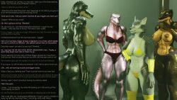 3d amnesia aware caption carmen_(thalarynth) crocodile_girl dialogue furry harem heather_(thalarynth) laughing lizard_girl manip multiple_subs muscle_girl original scalie size_difference text thalarynth_(manipper) trigger wolf_girl