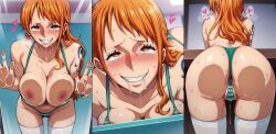 ai_art ass bent_over bikini blush breast_press breasts breasts_outside breath dazed drool exposed_chest eye_roll femsub glass happy_trance heart heart_eyes large_breasts nami_(one_piece) one_piece open_clothes orange_hair pussy_juice smile sweat symbol_in_eyes thighhighs thong wet zsnack