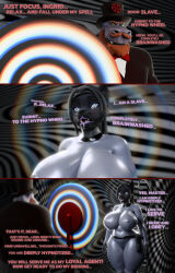  cat_girl dialogue drool femsub furry harry_hippo_(hypnopotamus) hippo_boy ingrid_black_cat_(alexdoggdraws) large_breasts latex maledom open_mouth original sequence short_hair spiral spiral_background spiral_eyes tech_control text thehypnopotamus tongue 