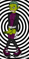 absurdres beast_boy dc_comics drool elf_ears erection green_hair green_skin huge_cock knees_together large_balls large_penis male_only malesub open_clothes open_mouth penis pubic_hair rutilus shota solo spiral_eyes super_hero symbol_in_eyes teen_titans veins