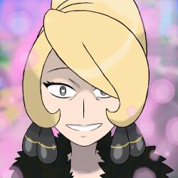  beehive_hair blonde_hair clothed cynthia dress earrings female_only femdom femsub happy_trance heart_eyes hypnotic_gas hypnotized_hypnotist long_hair looking_at_viewer nintendo pokemon pokemon_diamond_pearl_and_platinum pokemon_legends_arceus rgreywind smile solo 