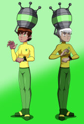 albedo_(ben_10) ben_10 ben_tennyson brown_hair drone expressionless glowing_eyes green_eyes grey_hair helmet jimmy_neutron_(series) male_only malesub open_mouth red_eyes standing_at_attention uniform yolkian