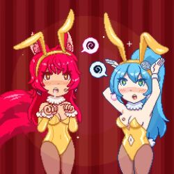  anno_(anno) arm_warmers armpits bangs bare_shoulders blue_eyes blue_hair blush bunny_ears bunnysuit cheerleader chibi choker cleavage collarbone cuffs drool earrings expressionless fake_tail female_only femsub fox_ears gold heart_eyes hourglass_figure jasmine_(anno) jasmine_(nettleseeds) kitsune_girl leotard lipstick_mark long_hair looking_at_viewer multiple_girls multiple_subs multiple_tails navel open_mouth original panicatethemoon pixel_art ponytail red_eyes red_hair ring stage symbol_in_eyes tagme thighhighs thought_bubble video wide_hips 