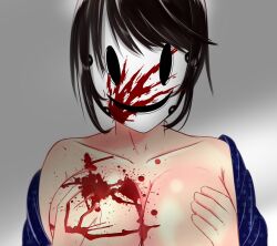absurdres aware bare_shoulders black_hair blood breasts cleavage cliov collarbone female_only femsub huge_breasts mask nightmare_fuel short_hair solo tech_control tenkuu_shinpan