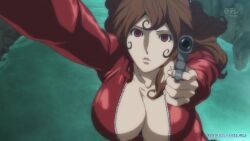 breasts brown_hair empty_eyes expressionless female_only femsub fujiko_mine gun huge_breasts long_hair lupin_iii open_mouth red_eyes screenshot spoilers