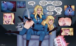  ass blonde_hair comic erect_nipples_under_clothes fantastic_four femsub glowing glowing_eyes happy_trance lip_biting long_hair marvel_comics mother_and_daughter nipple_piercing piercing polmanning pussy smile spanking super_hero susan_storm text valeria_richards 