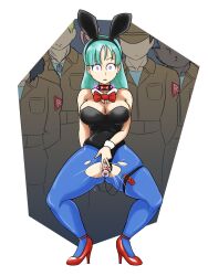  blue_hair breasts bulma_briefs bunny_ears bunnysuit clothed collar cuffs dragon_ball empty_eyes happy_trance hypnotic_accessory mahoumonsterart masturbation pussy pussy_juice spread_pussy squirting tech_control torn_clothes 