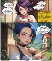 ai_art blue_hair devianbar dialogue glasses large_breasts long_hair nintendo perrin_(pokemon) pokemon purple_hair short_hair team_hypno text wicke