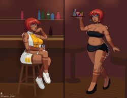  alternate_form bare_legs before_and_after blue_eyes body_markings breast_press breasts choker cleavage clothed crop_top crossed_legs dark_skin drunkle_jack eye_color_change femsub green_eyes happy_trance high_heels hypnotic_drink kassidy_(medrifogmatio) large_breasts midriff miniskirt navel nipples original red_hair ring_eyes shorts sitting skirt smile table tail thighs tray tube_top waitress 