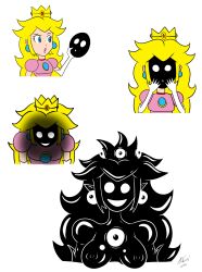 absurdres andersonicth black_skin blonde_hair breast_expansion breasts corruption crown femsub happy_trance hypnotic_accessory jewelry latex mask multiple_eyes nightmare_fuel nintendo possession princess princess_peach shiny_skin shyguy slime smile super_mario_bros. topless transformation