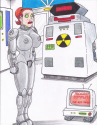 absurdres bottomless breasts crash drone empty_eyes femsub glowing glowing_eyes green_eyes large_breasts nude red_hair robot robotization tech_control text topless transformation