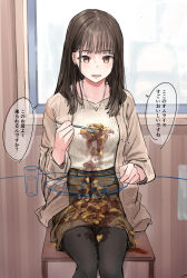  absurdres altered_common_sense blush breasts brown_eyes brown_hair chair clothed collarbone dialogue female_only femsub food kakuni leggings long_hair necklace original sitting skirt solo table text translated unaware 