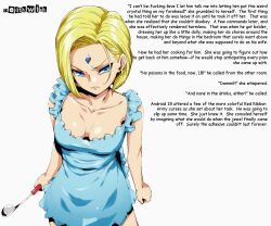 android_18 angry apron blonde_hair body_control breasts caption caption_only deathwish_(manipper) dialogue dragon_ball female_only femsub hypnotic_accessory large_breasts manip naked_apron short_hair simple_background solo text unhappy_trance