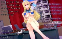  3d absurdres blonde_hair breasts cheating crossed_legs dialogue elizabeth_(thehguy) english_text femsub h_(thehguy) hair_band koikatsu! large_breasts liz_(thehguy) long_hair maledom nipples office orange_eyes original school_uniform student table text thehguy undressing 