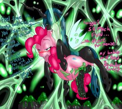 animals_only biting blush bondage crown cum cum_in_pussy cyan_hair dialogue drool femsub futa_with_female futadom futanari horns horse horse_penis jewelry long_hair my_little_pony non-human_penis pegasus penis pink_hair pinkie_pie poprocks pregnant queen queen_chrysalis sex slime sweat text tongue tongue_out unusual_cum vaginal wings