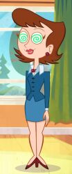  animated animated_gif brown_hair female_only femsub happy_trance high_heels johnny_test_(series) lila_test screencast solo spiral_eyes standing standing_at_attention symbol_in_eyes tech_control western 
