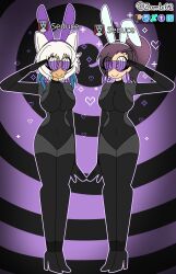 alternate_costume breasts bunny_ears bunny_girl bunnysuit charm_(spell) clothed dronification earrings fake_animal_ears female_only femsub final_fantasy final_fantasy_xiv gameplay_mechanics happy_trance heart high_heels large_breasts mai_solara miqo&#039;te original ponytail purple_hair saluting short_hair smile spiral_background spiralwash_eyes square_enix standing standing_at_attention symbol visor white_hair y&#039;shtola zombi62