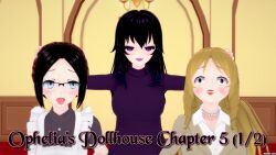 black_hair blonde_hair brown_eyes cover cum cum_on_face english_text eye_roll female_only femdom femsub glasses grey_eyes hand_on_head lila_(ophelia's_dollhouse) long_hair maid multiple_girls multiple_subs ophelia's_dollhouse ophelia_(ophelia's_dollhouse) purple_eyes text tongue tongue_out virginia_westbrook_(ophelia's_dollhouse) zenin1