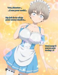 alternate_costume apron blue_eyes blush breasts cleavage empty_eyes eyebrows_visible_through_hair female_only femsub grey_hair hana_uzaki huge_breasts hypnolordx hypnolordx_(manipper) large_breasts light_skin looking_at_viewer maid maid_headdress maledom manip short_hair shrunken_irises skirt thick_thighs uzaki-chan_wants_to_hang_out!