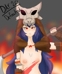  a_singular_fish arm_bands axe barbarian blue_hair body_paint bracelet breasts collarbone defeated enemy_conversion female_only femsub fingerless_gloves fire_emblem fire_emblem_awakening gloves grey_background hoodie horns hypnovember long_hair looking_at_viewer lucina necklace nintendo nipples red_eyes skull small_breasts solo tattoo topless weapon 