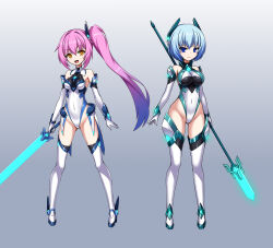  before_and_after blue_eyes blue_hair boots breasts entenca gloves gradient_background high_heels leotard looking_at_viewer multicolored_hair multiple_girls opera_gloves pink_eyes short_hair side_ponytail simple_background small_breasts smile sword thigh_boots thighhighs weapon white_background yellow_eyes 