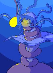 angler_fish_lure blue_hair coils dazed dress femsub glowing glowing_eyes hypnotic_light long_hair penken squid_girl squid_girl_(series) tentacles underwater