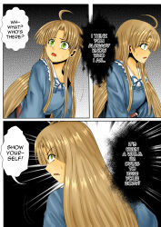  ahoge asia_argento blonde_hair clothed comic dialogue english_text green_eyes high_school_dxd kalawarner looking_back speech_bubble sweat tagme text tuksoil 