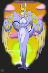 absurdres black--wave blonde_hair blue_skin bottomless breasts dragon erect_nipples female_only femsub furry large_breasts long_hair nude open_mouth ring_eyes standing standing_at_attention tail topless wings yu-gi-oh!