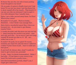  aware bikini breasts caption caption_only cleavage femsub happy_trance heart large_breasts maledom monsieurchuchote_(writer) nintendo pov_dom pyra_(xenoblade) red_eyes red_hair shorts swimsuit text thick_thighs xenoblade_chronicles xenoblade_chronicles_2 zaphn 