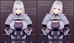  3d absurdres armor arms_behind_back bangs before_and_after blue_eyes breasts cleavage clothed comic dialogue ethel_(xenoblade) female_only heterochromia huge_breasts koikatsu! maledom multicolored_eyes nintendo open_mouth scar silver_hair simple_background straight-cut_bangs text thehguy very_long_hair xenoblade_chronicles xenoblade_chronicles_3 