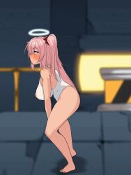  ambriel_(arknights) animated animated_gif arknights bare_legs barefoot blush bouncing_breasts breasts cleavage crossed_eyes drool erect_nipples erect_nipples_under_clothes feet female_only femsub green_hair haigure halo huge_breasts pink_eyes pink_hair pubic_hair pussy_juice short_hair solo spread_legs squatting squirting sweat swimsuit tail tongue tongue_out twintails urination waia_wai 