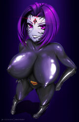  absurdres belt bodysuit boots breasts cameltoe crossover dc_comics dinaranger erect_nipples fangs female_only gloves hand_on_hip huge_breasts latex lipstick looking_at_viewer pale_skin purple_eyes purple_hair raven rikatsuky short_hair simple_background smile solo symbol teen_titans uniform watermark 