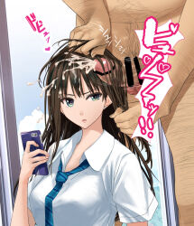  age_difference angry blue_eyes breasts brown_hair cell_phone comet_(artist) cum erect_nipples_under_clothes erection hairjob large_breasts long_hair masturbation penis phone pubic_hair rin_shibuya school_uniform the_idolm@ster 