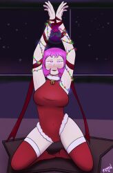 arms_above_head christmas drool female_only femsub glowing_eyes happy_trance kneeling m00n_key original pink_eyes pink_hair santa_costume symbol_in_eyes