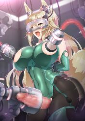 arms_behind_back bare_shoulders blonde_hair blush breasts cables censored collar corruption cum drool earbuds fox_futa futa_only futanari futasub garter_straps gloves glowing huge_breasts lactation leotard long_hair milk milking milking_machine nelofox open_mouth opera_gloves pantyhose penis penis_milking ponytail see-through sex_machine solo tail tech_control thick_thighs thighhighs tongue tongue_out torn_clothes trembling very_long_hair visor wires yellow_eyes