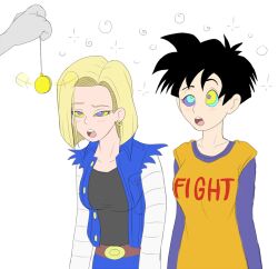 android_18 black_hair blonde_hair blush breasts clothed dazed dragon_ball earrings femsub jacket jewelry kaa_eyes large_breasts leaning_forward open_mouth pendulum plsgts ring_eyes short_hair videl
