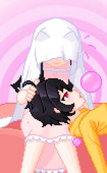  ahoge animated animated_gif black_hair blush bubble cat cat_ears cat_girl everes_(zires) fabius femdom femsub ghost hand_on_head hoodie lying multiple_girls nightgown open_mouth original petting pixel_art sitting smile spiral_background text 