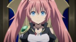  bangs blue_eyes clothed empty_eyes expressionless female_only femsub hypnotic_accessory long_hair milim_nava necklace petite pink_hair screenshot solo that_time_i_got_reincarnated_as_a_slime twintails 