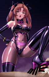  ahoge armpits boots bow brown_hair calicchio23 censored crotch_tattoo cum femdom fingerless_gloves footjob gloves gradient_background high_heels latex leotard looking_at_viewer nail_polish navel open_mouth opera_gloves penis pink_eyes rubber simple_background stepped_on sweat tattoo thick_thighs thigh_boots thighhighs tight_clothing tongue twintails 