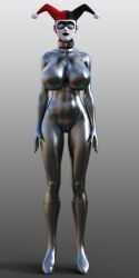 3d batman_(series) breasts clown clown_girl collar dc_comics female_only fembot femsub graybot harley_quinn high_heels large_breasts robot robotization solo standing standing_at_attention super_hero tech_control theheckle western whitewash_eyes
